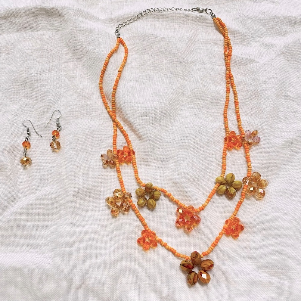 Chico’s Orange Beaded Necklace & Earrings Set